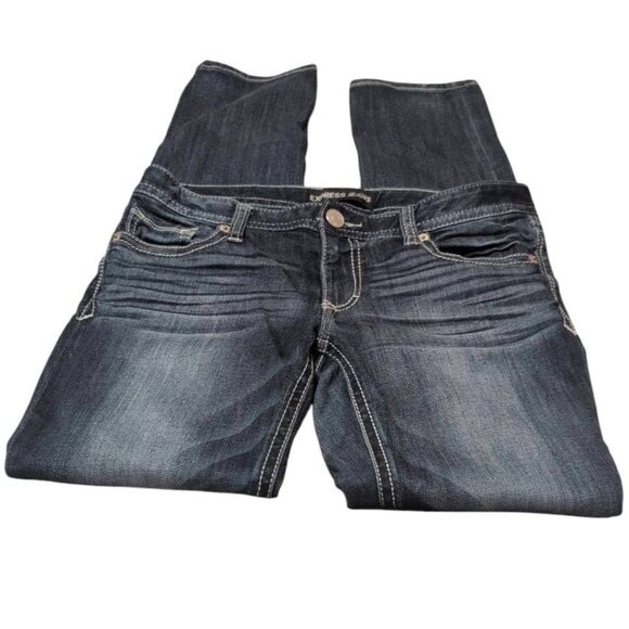 Express Jeans Dark Wash Straight Leg with Design Back Pockets, Cotton Pants - Picture 2 of 9